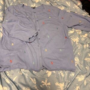 Christopher & Banks Lavender / baby blue Cardigan with Embroidered eggs